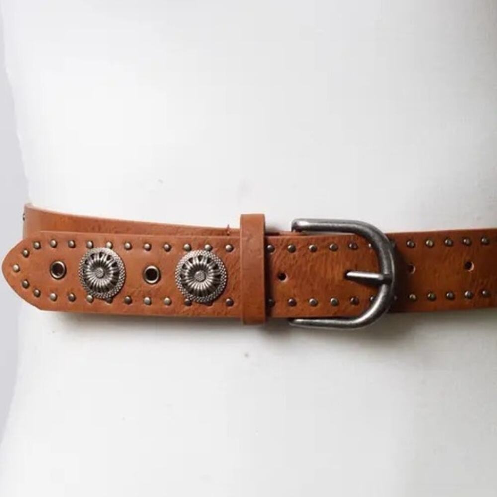 Concho Studded Vegan Leather Western Belt Camel Brown